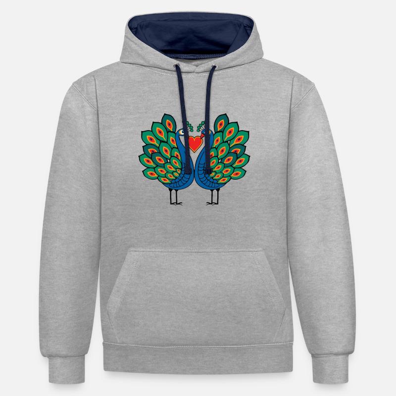 Couple d’oiseau paon e Saint-Valentin - Sweat à capuche contrasté - gris chiné/bleu marine