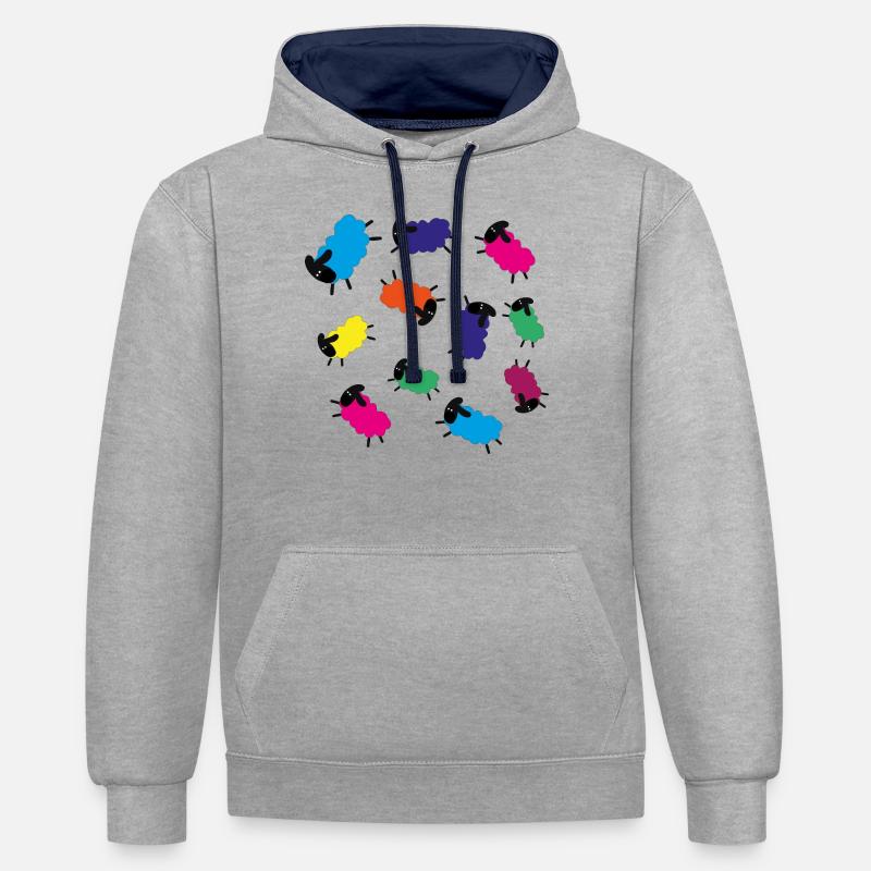 moutons,moutons,illustration,bande dessinée,tonte - Sweat à capuche contrasté - gris chiné/bleu marine