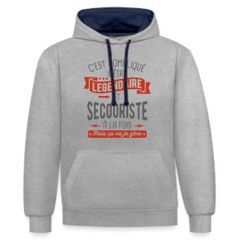 légendaire et secouriste - Sweat à capuche contrasté - gris chiné/bleu marine - Devant - Liana (172cm) & Jaron (178cm)