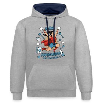 Mutter, Superheldin auf einer Mission ! - Kontrast-Hoodie - Grau meliert/Navy - Vorne - Liana (172cm) & Jaron (178cm)