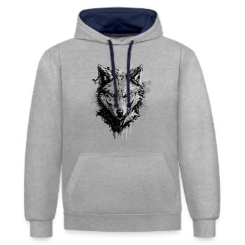 Grauer Wolf – Starkes Tiermotiv - Kontrast-Hoodie - Grau meliert/Navy - Vorne - Liana (172cm) & Jaron (178cm)