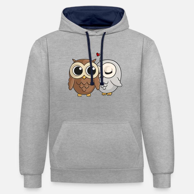 Verliebte Comic Eulen - Kontrast-Hoodie - Grau meliert/Navy
