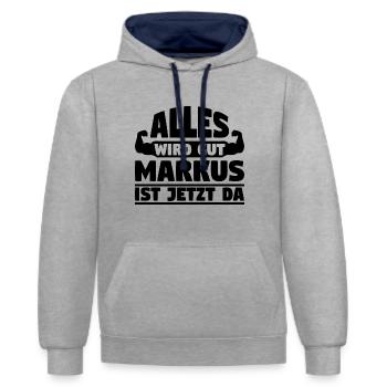 Alles wird gut Markus ist jetzt da - Kontrast-Hoodie - Grau meliert/Navy - Vorne - Liana (172cm) & Jaron (178cm)
