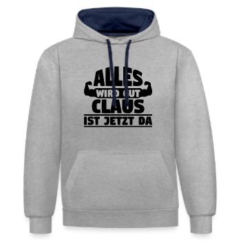 Alles wird gut Claus ist jetzt da - Kontrast-Hoodie - Grau meliert/Navy - Vorne - Liana (172cm) & Jaron (178cm)