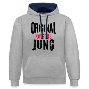 Kölsche Jung Kölner Original Geschenk Mann Köln - Kontrast-Hoodie - Grau meliert/Navy - Vorne - Liana (172cm) & Jaron (178cm)