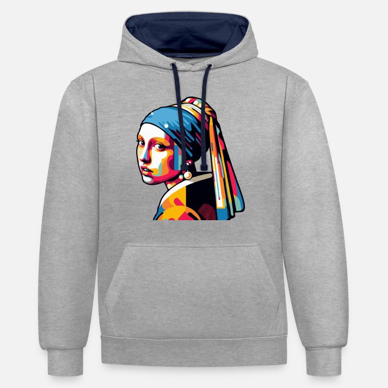 Mädchen mit Perlenohrring modern - Kontrast-Hoodie - Grau meliert/Navy
