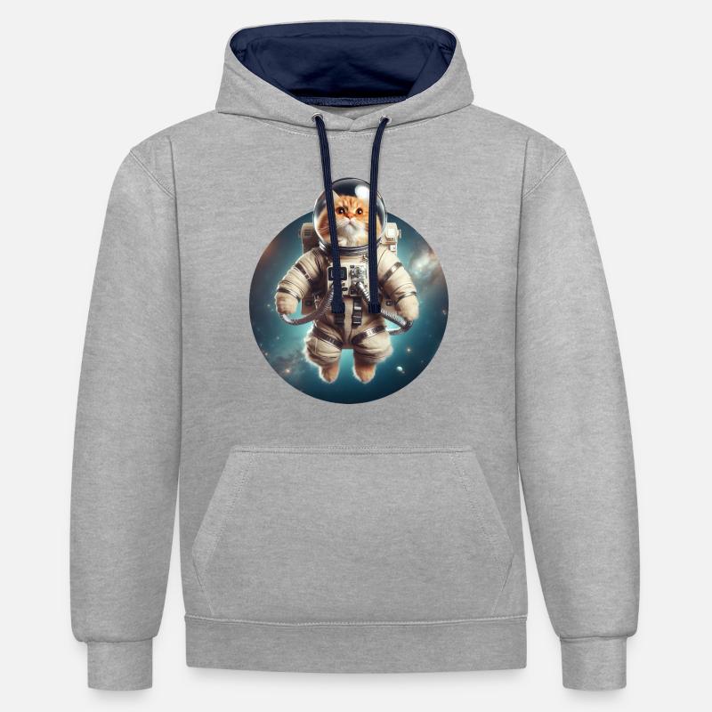 Chat de l’espace - Sweat à capuche contrasté - gris chiné/bleu marine