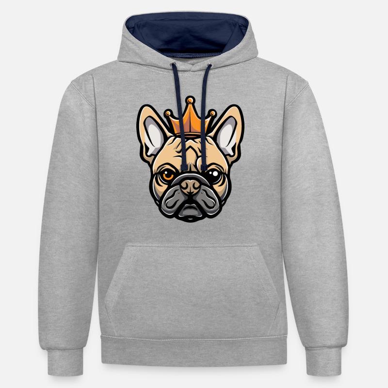 Couronne de Chien Bouledogue Français - Sweat à capuche contrasté - gris chiné/bleu marine