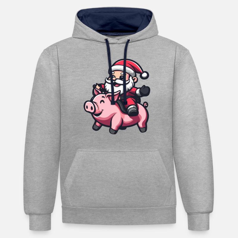 Cochon Père Noël Dessin animé - Sweat à capuche contrasté - gris chiné/bleu marine
