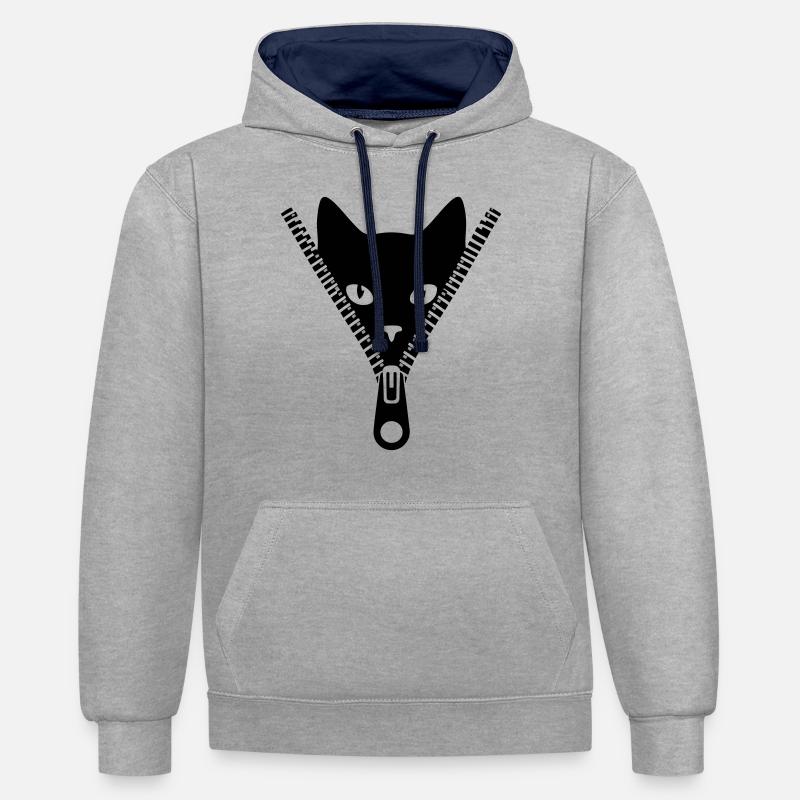 Petit chat caché dans une fermeture éclair - Sweat à capuche contrasté - gris chiné/bleu marine