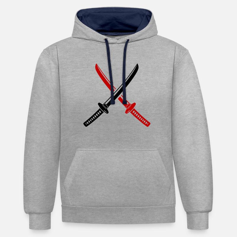 Symbole de l’épée de samouraï - Sweat à capuche contrasté - gris chiné/bleu marine