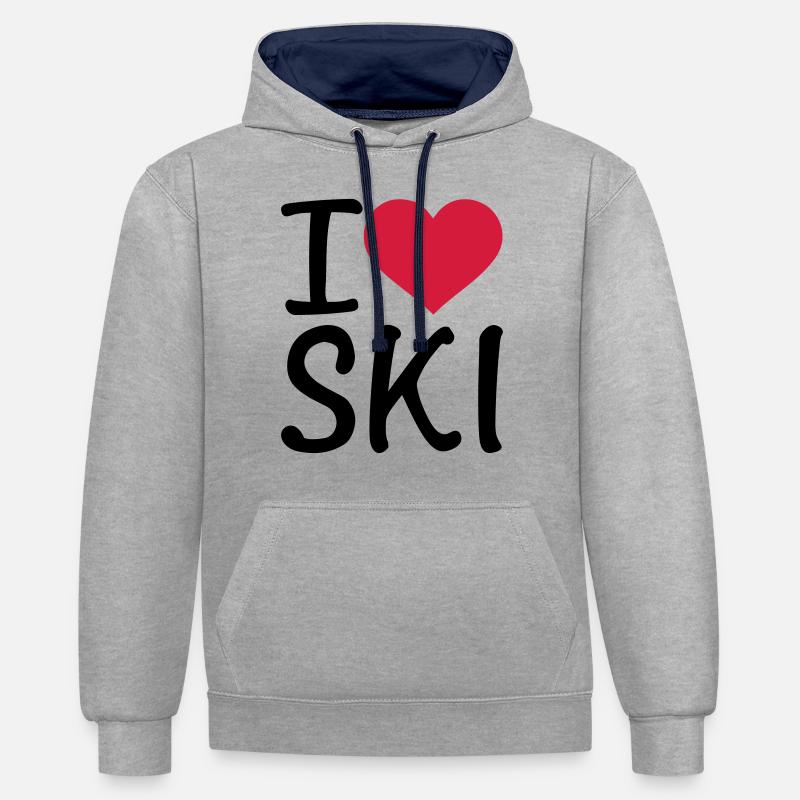 I love Ski - Sweat à capuche contrasté - gris chiné/bleu marine
