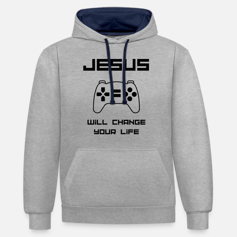 Jésus changera votre vie - Sweat à capuche contrasté - gris chiné/bleu marine