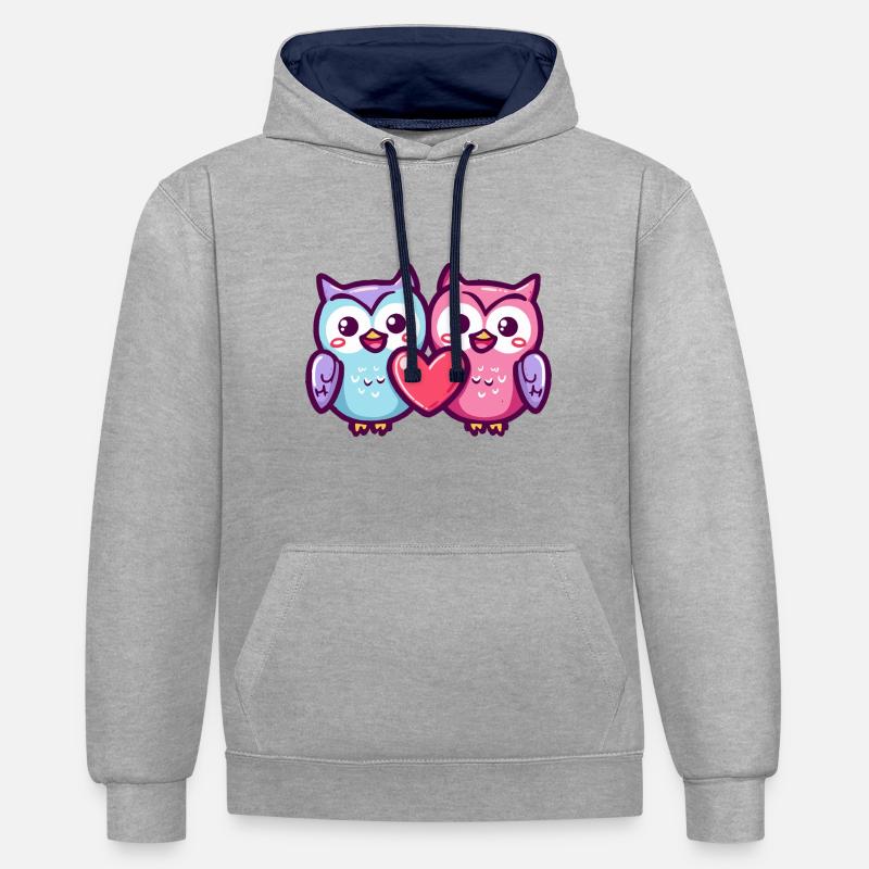 Eule Comic Paar Liebe - Kontrast-Hoodie - Grau meliert/Navy