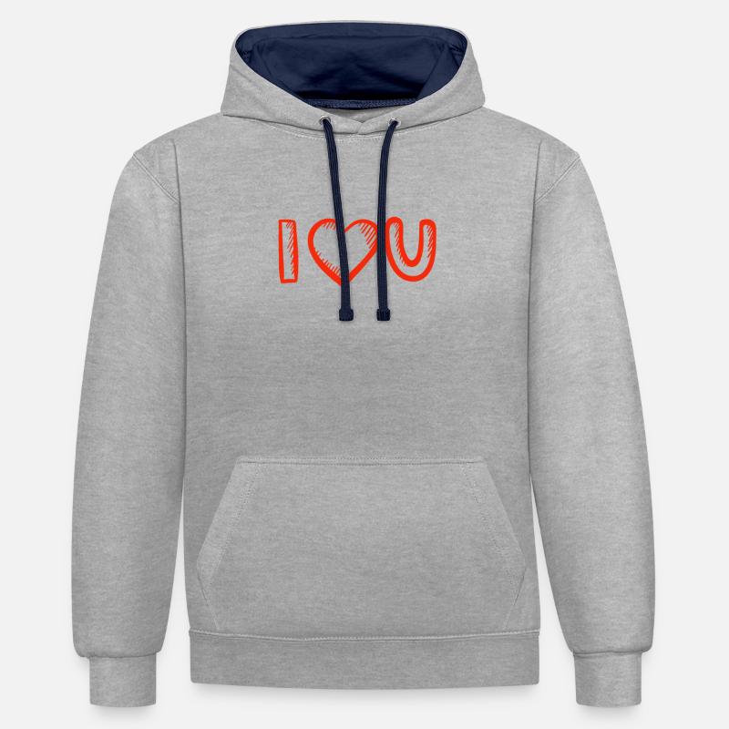 Saint-Valentin, Saint-Valentin, Saint-Valentin - Sweat à capuche contrasté - gris chiné/bleu marine