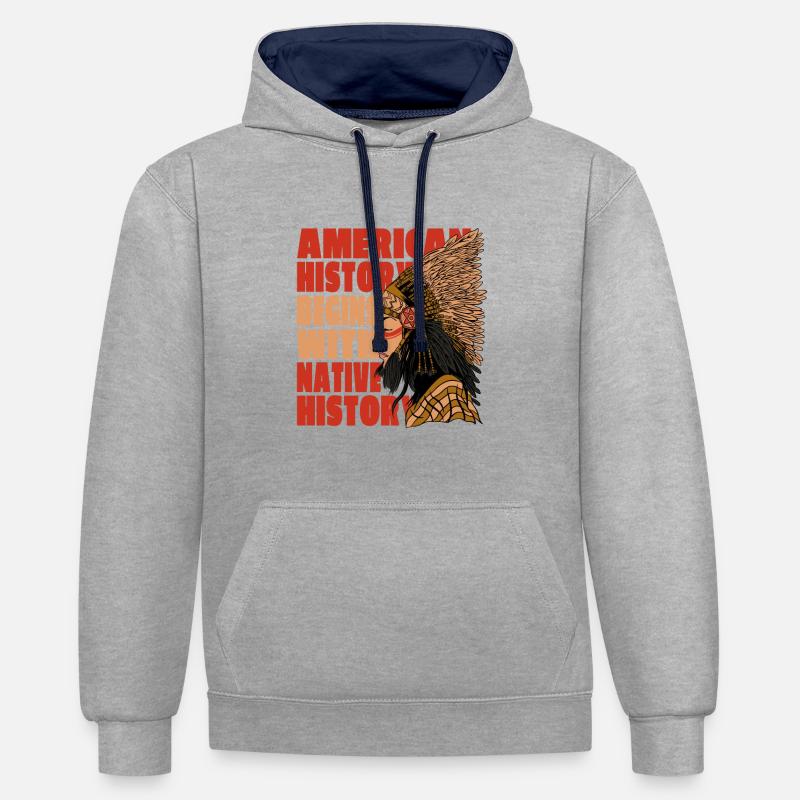 Conception amérindienne - Sweat à capuche contrasté - gris chiné/bleu marine