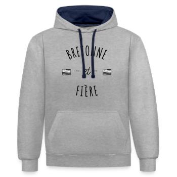 cadeau Bretagne - bretonne et fière - Sweat à capuche contrasté - gris chiné/bleu marine - Devant - Liana (172cm) & Jaron (178cm)