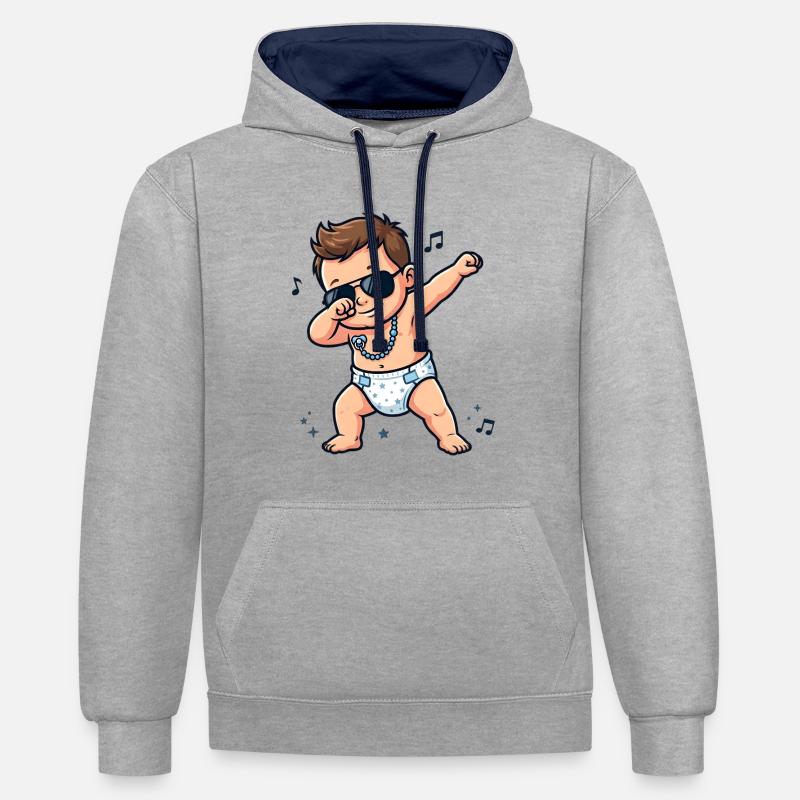 Bébé mignon – garçon brun - Sweat à capuche contrasté - gris chiné/bleu marine