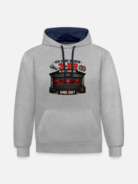 3-ER in der Garage – Humor-Design - Kontrast-Hoodie - Grau meliert/Navy