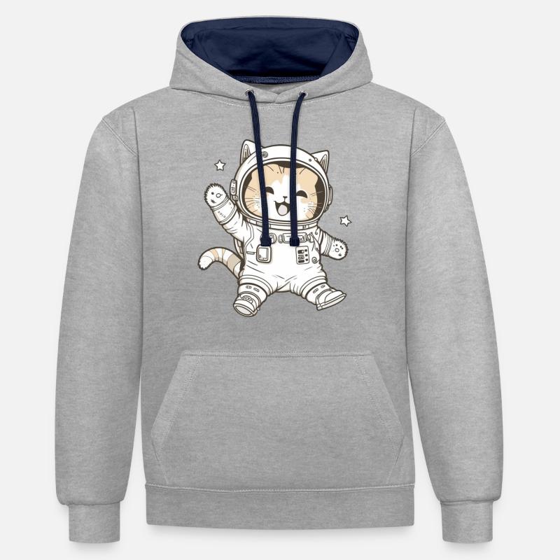 Kawaii mignon Happy Astronaut Cat - Sweat à capuche contrasté - gris chiné/bleu marine