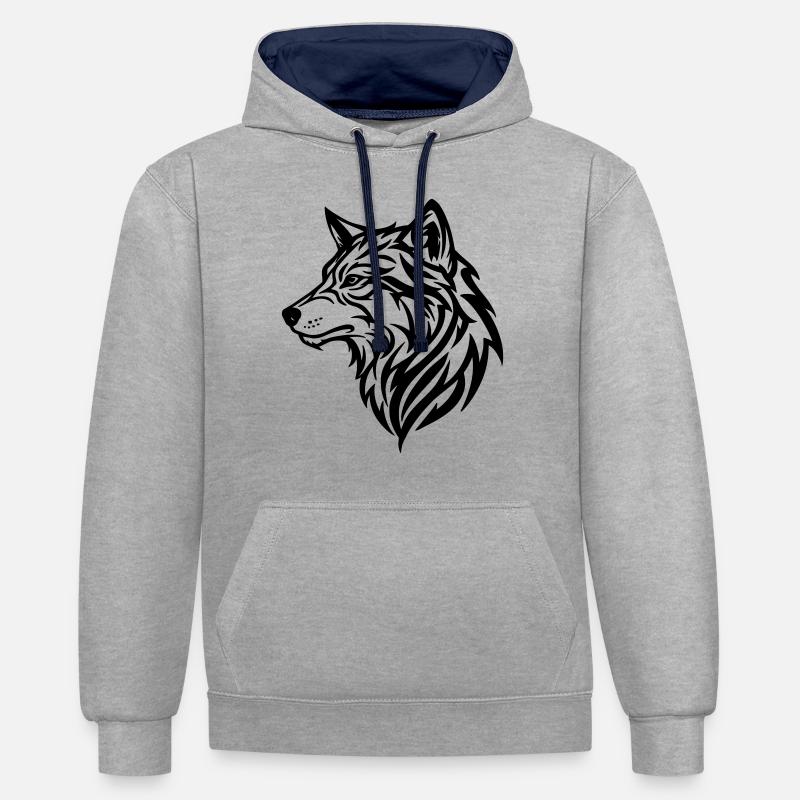 Loup - style tribal - Sweat à capuche contrasté - gris chiné/bleu marine