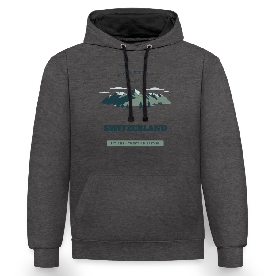 Switzerland badge on a contrast hoodie, charcoal/black, front