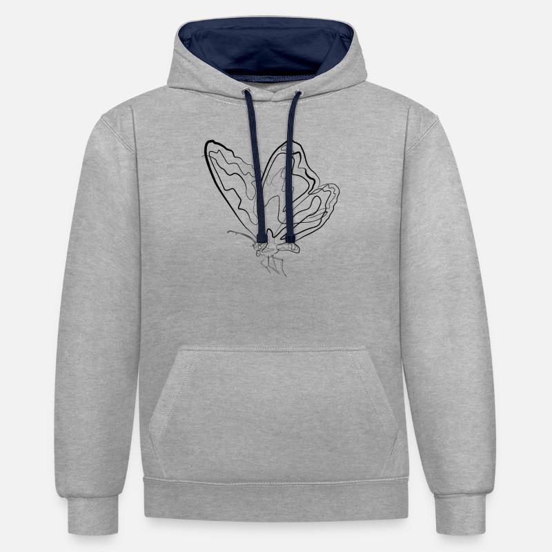 Papillon Été - one line drawing - Sweat à capuche contrasté - gris chiné/bleu marine