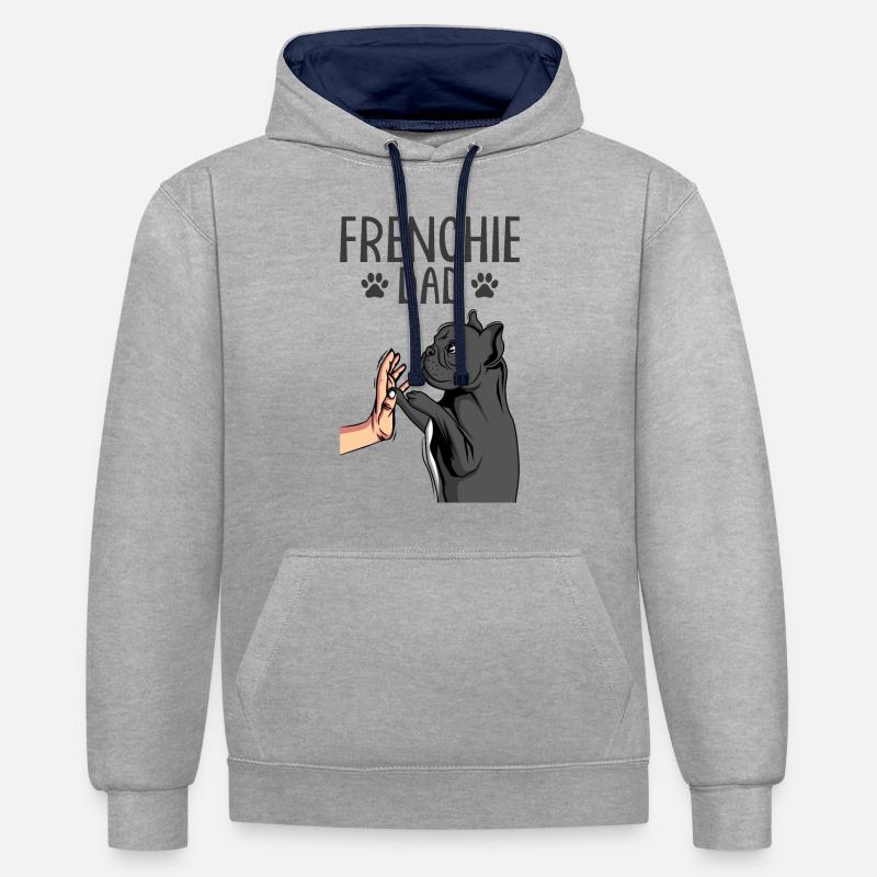 Frenchie papa Bouledogue français - Sweat à capuche contrasté - gris chiné/bleu marine