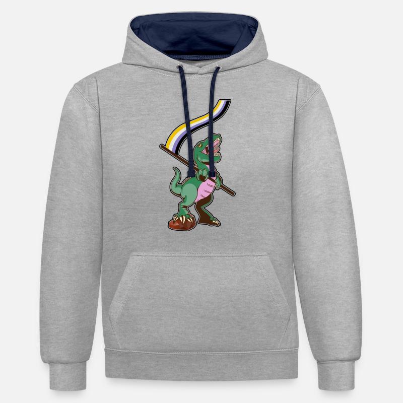 Drapeau LGBTQ - Dinosaure non binaire - Sweat à capuche contrasté - gris chiné/bleu marine