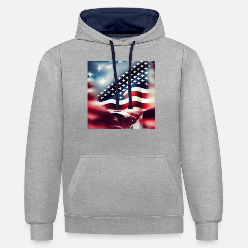 Logo du drapeau américain - Sweat à capuche contrasté - gris chiné/bleu marine