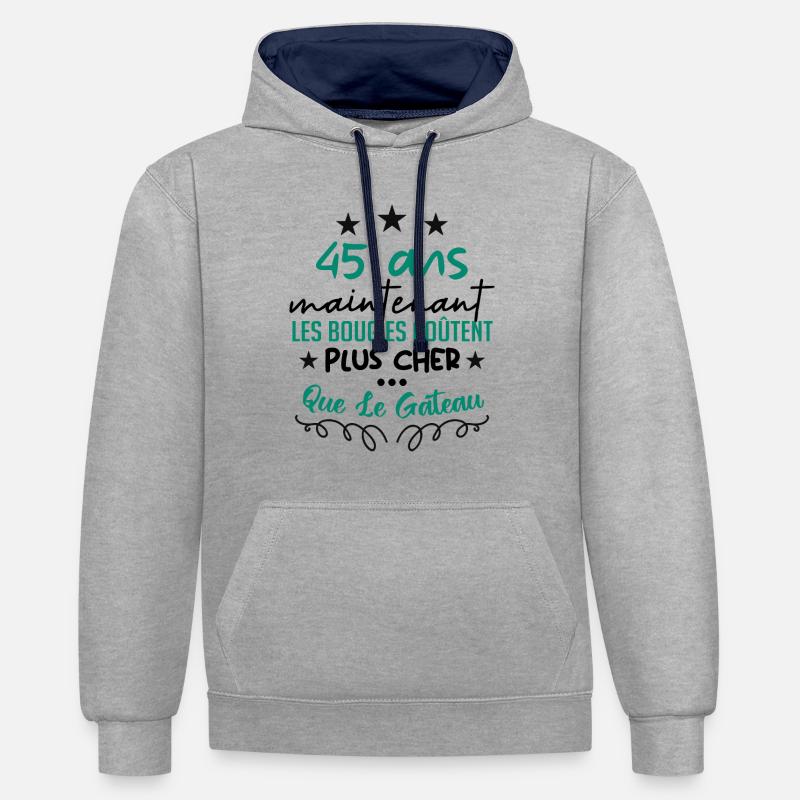 humour anniversaire 45 ans - Sweat à capuche contrasté - gris chiné/bleu marine