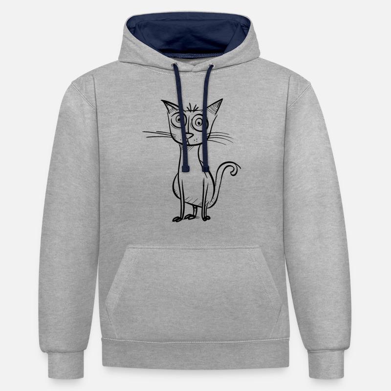 Étrange chat de dessin animé - Sweat à capuche contrasté - gris chiné/bleu marine