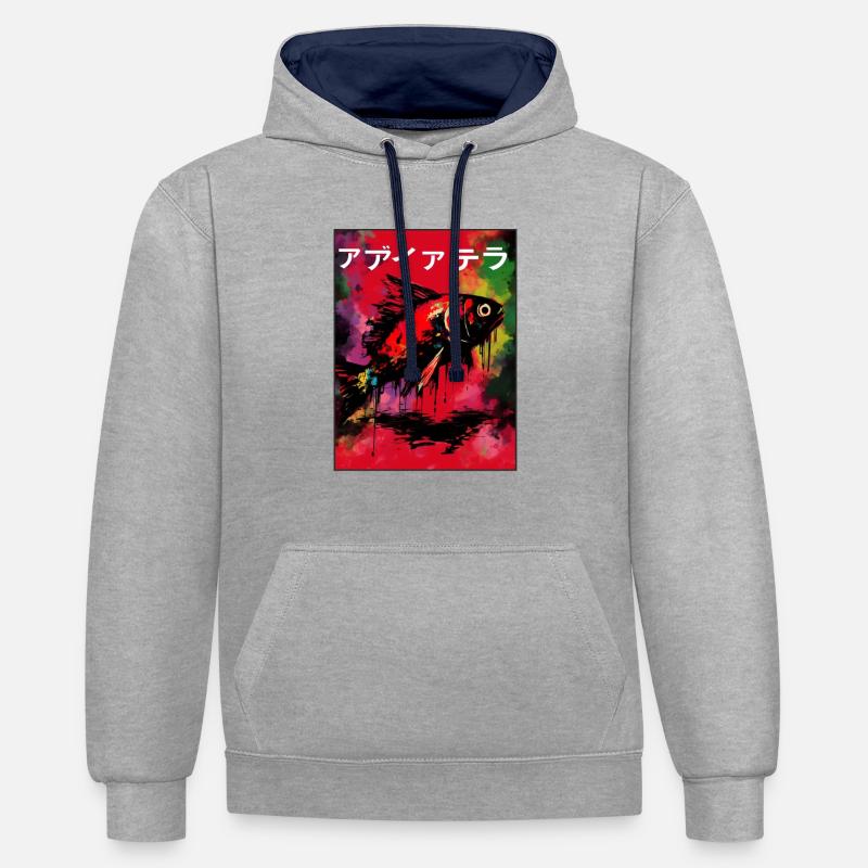 Affiche de poisson japonais - Sweat à capuche contrasté - gris chiné/bleu marine