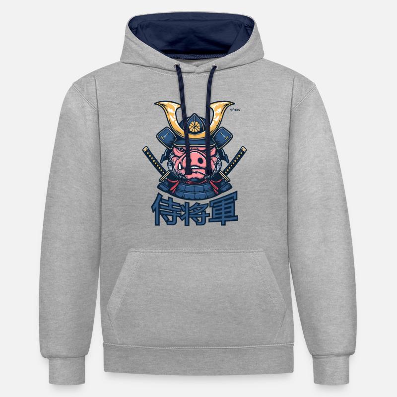 Shogun Cochon samouraï - Sweat à capuche contrasté - gris chiné/bleu marine