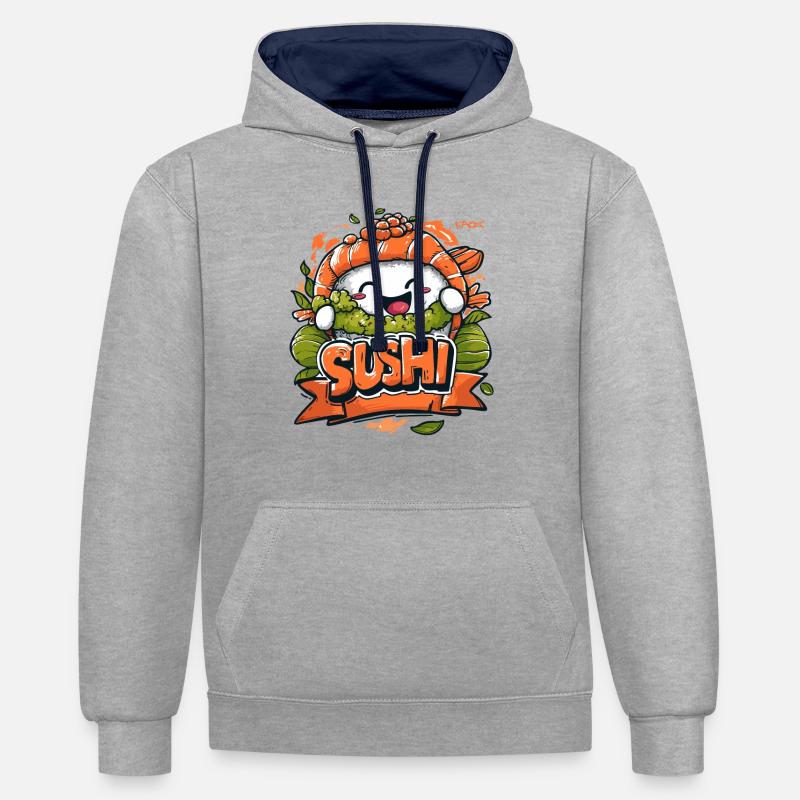 Sushi joyeux - Sweat à capuche contrasté - gris chiné/bleu marine