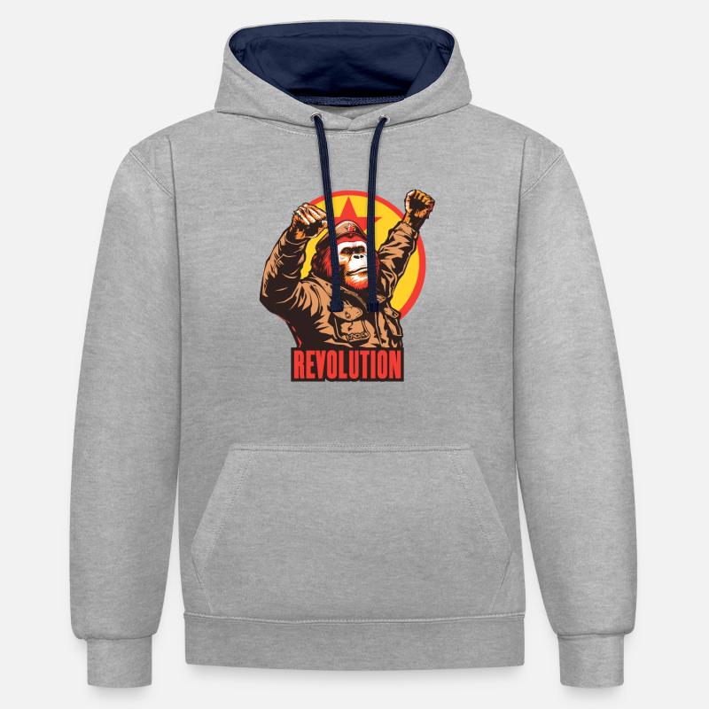 Parodie : Orang-outan communiste, camarade - Sweat à capuche contrasté - gris chiné/bleu marine