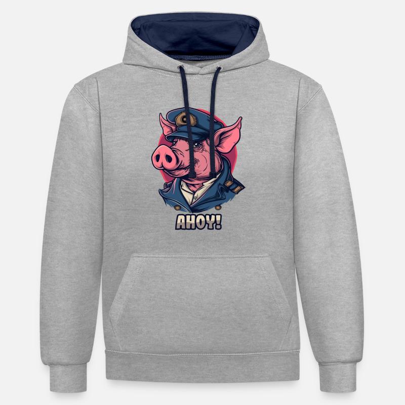 Le Capitaine Cochon dit "Ahoy" - Sweat à capuche contrasté - gris chiné/bleu marine