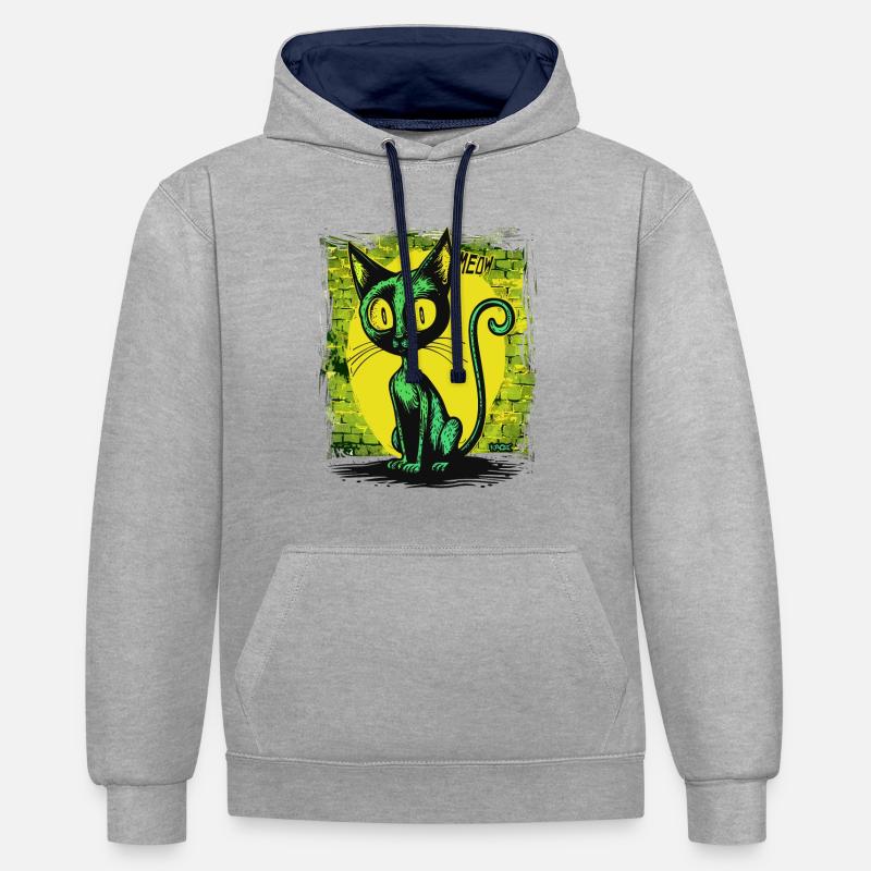 Chat drôle super cool, miaou - Sweat à capuche contrasté - gris chiné/bleu marine