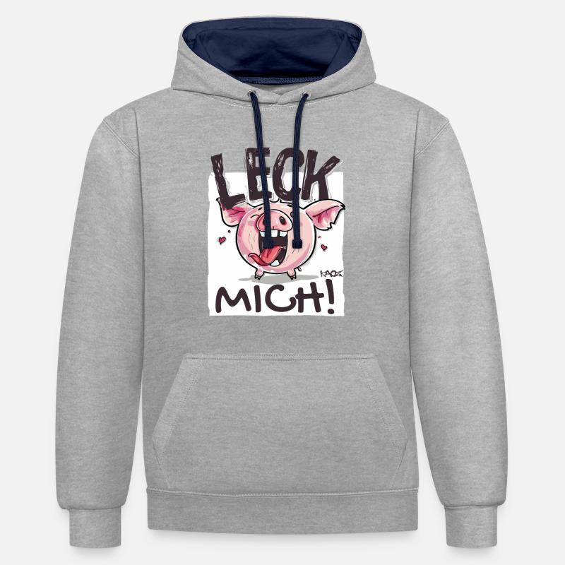 Petit cochon coquin : Lèche-moi - Sweat à capuche contrasté - gris chiné/bleu marine