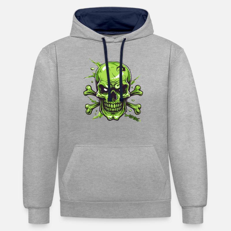 Crâne vert en colère - Sweat à capuche contrasté - gris chiné/bleu marine