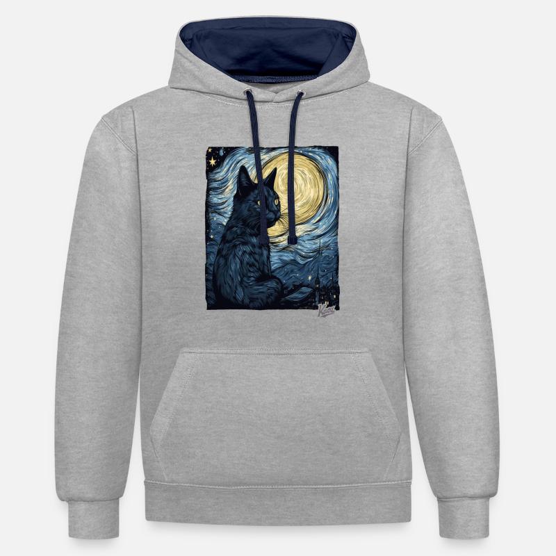 Nuit étoilée et chat noir - Sweat à capuche contrasté - gris chiné/bleu marine