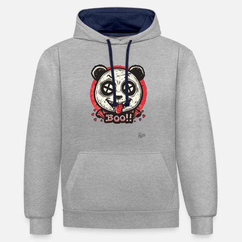 Un panda effrayant dit « boo » - Sweat à capuche contrasté - gris chiné/bleu marine