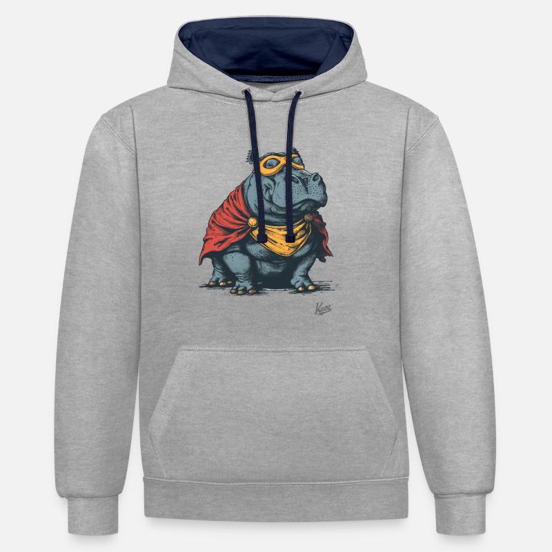Hippopotame en costume de super-héros - Sweat à capuche contrasté - gris chiné/bleu marine