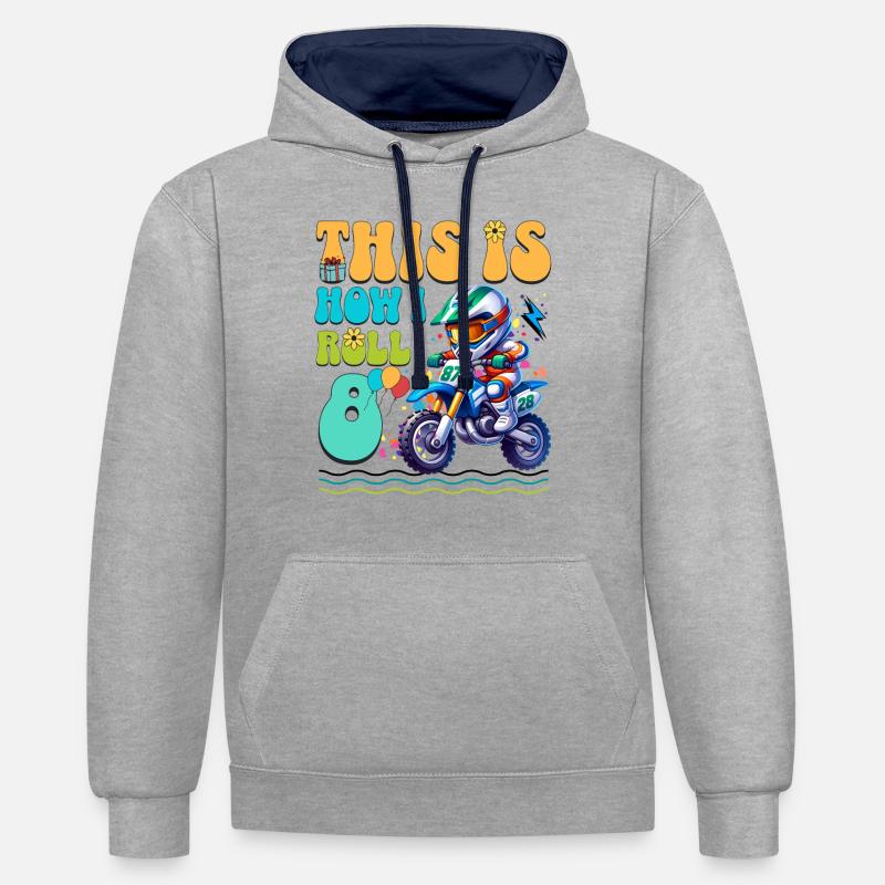 8e anniversaire de motocross - Sweat à capuche contrasté - gris chiné/bleu marine