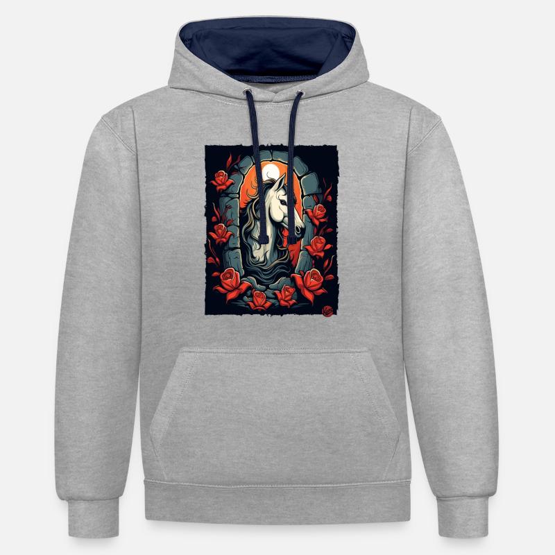 Roses et cheval - Sweat à capuche contrasté - gris chiné/bleu marine