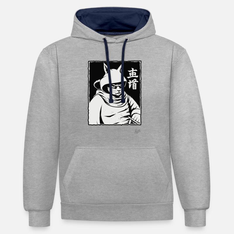 Chat shogun samouraï - Sweat à capuche contrasté - gris chiné/bleu marine