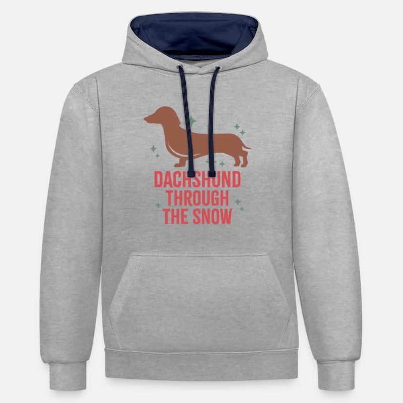 Teckel dans la neige - Sweat à capuche contrasté - gris chiné/bleu marine