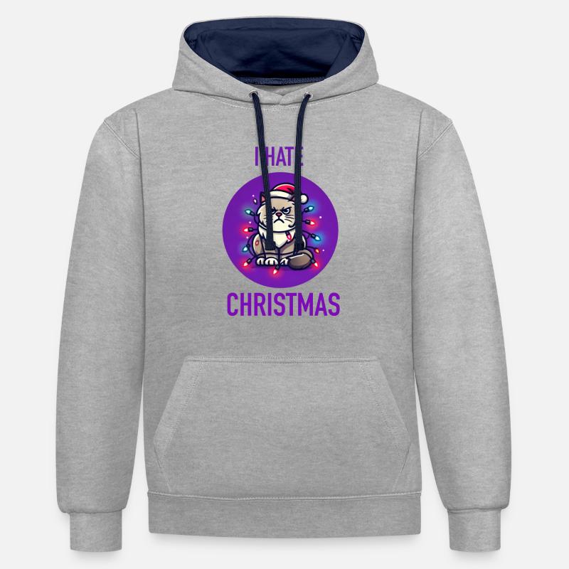 Chat de Noël - Sweat à capuche contrasté - gris chiné/bleu marine