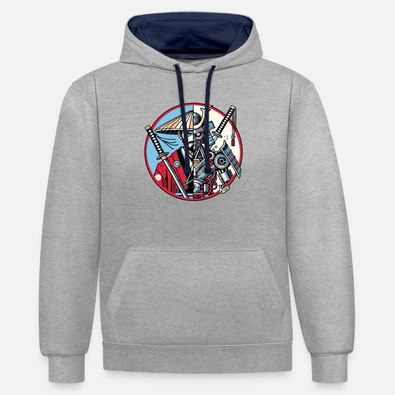 Samurai-Ronin oder Mecha-Shogun - Kontrast-Hoodie - Grau meliert/Navy