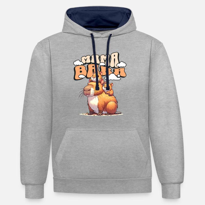 Mamabara Mère Capybara - Sweat à capuche contrasté - gris chiné/bleu marine